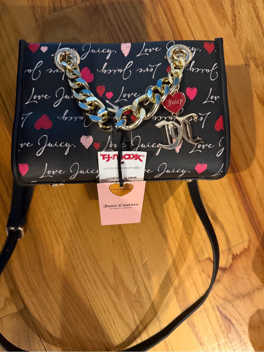 Juicy Couture Black Crossbody with Pink & Red Heart Print and Gold Chain